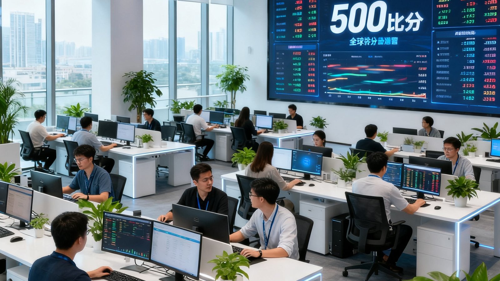 500比分广州总部开放式办公区的实景照片，宽敞明亮的空间中可见数据监控大屏实时滚动全球比分，团队正在专注工作