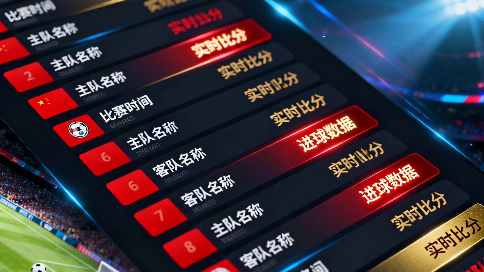 500比分直播中心的高清界面截图，深色主题界面上展示着正在进行的多场足球比赛实时比分卡片，红色和金色高亮显示进球数据，背景是虚拟球场光效